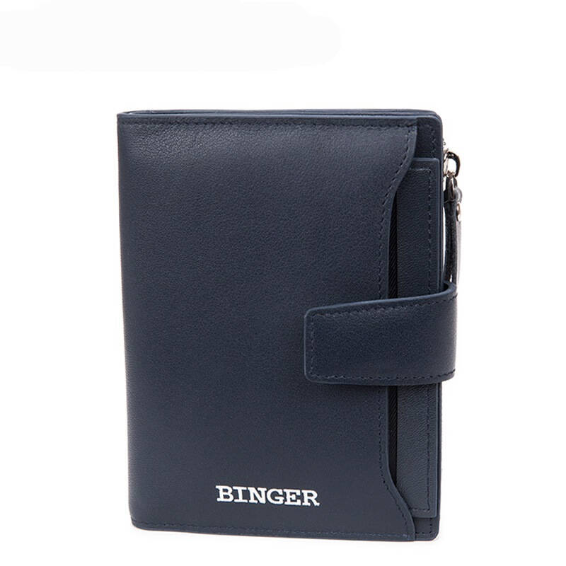 宾格binger男士短款钱包拉链头层牛皮 340102 蓝色 自营