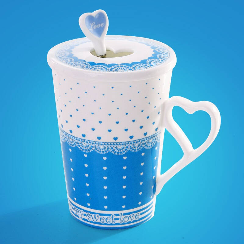 馨铭堂 时尚陶瓷杯马克杯 带盖带不锈钢勺子 心心相印 蓝色