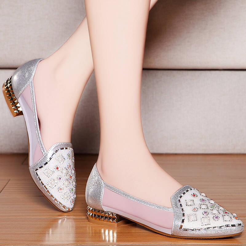 2015新款粗跟低跟单鞋水钻女鞋 网纱透气女凉鞋 dh9622银色 37 - 京东