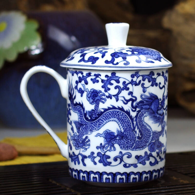 玉蝶 景德镇陶瓷茶杯 带盖骨瓷大水杯 青花瓷器 会议杯办公杯子 青花