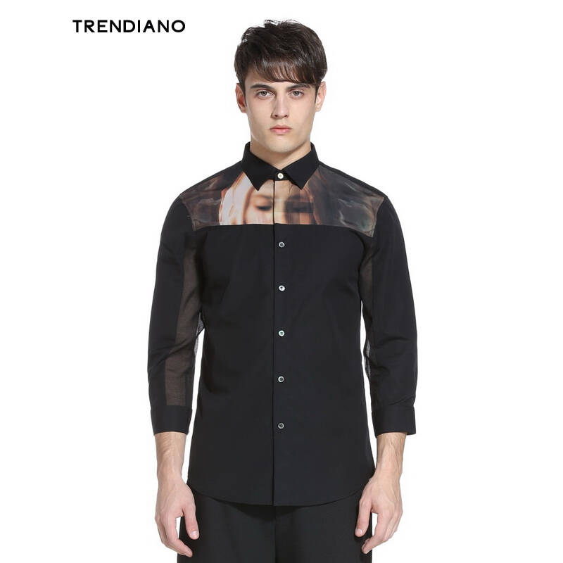 trendiano男装夏装潮休闲纯棉印花拼接衬衫衬衣3152011450 黑色090 xl