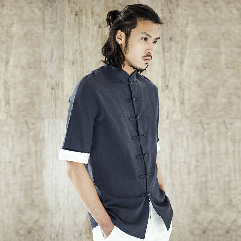柒唐中国风棉麻立领衬衫 男麻短袖时尚唐装上衣撞色袖中式盘扣薄衬衣