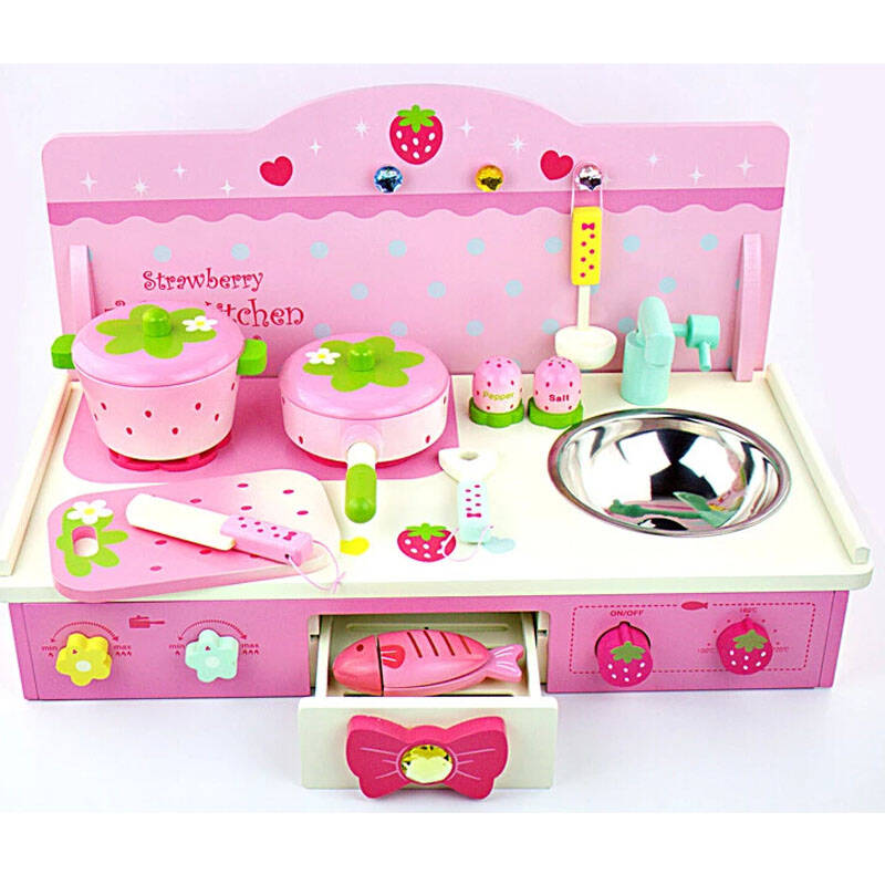 大号折叠厨房煤气灶台 木制厨房做饭玩具 厨房儿童过家家 粉色草莓