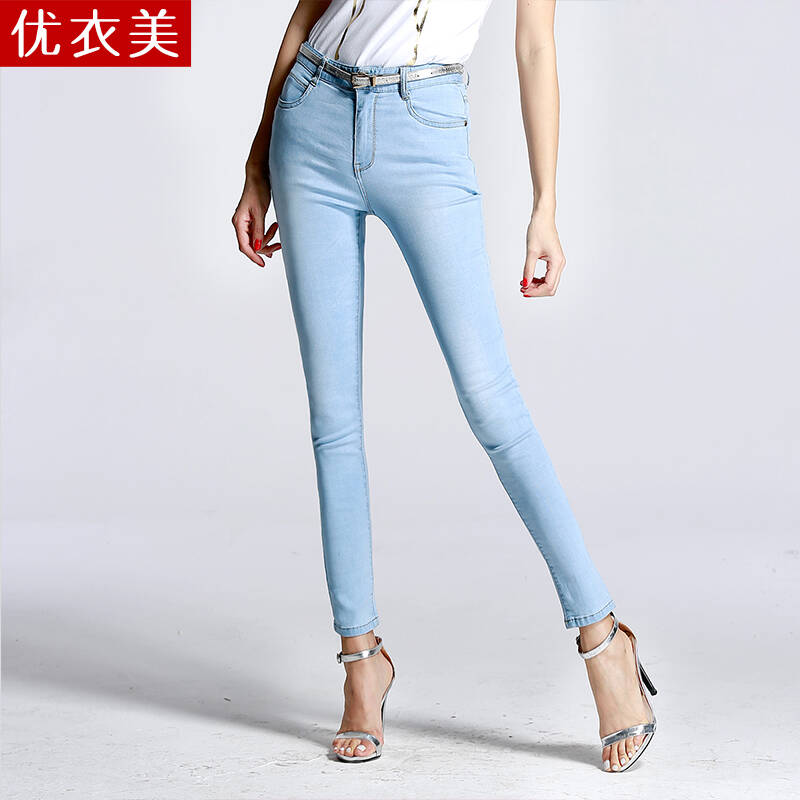 优衣美2015女牛仔裤春秋九分小脚牛仔裤女浅洗水蓝铅笔裤修身2533 浅