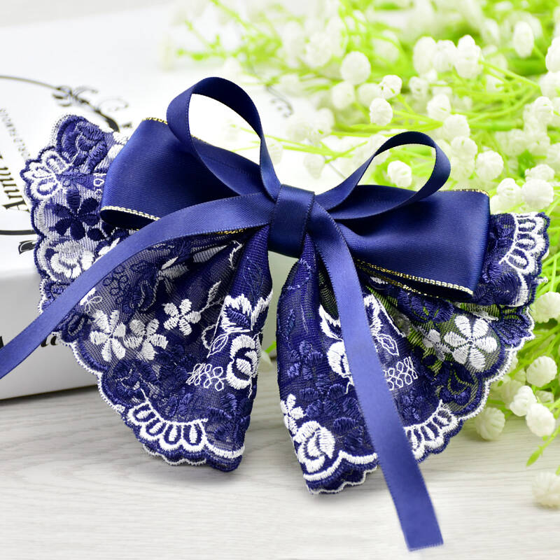 蓝白刺绣花纹复古蕾丝 缎带蝴蝶结大发夹 蓝色