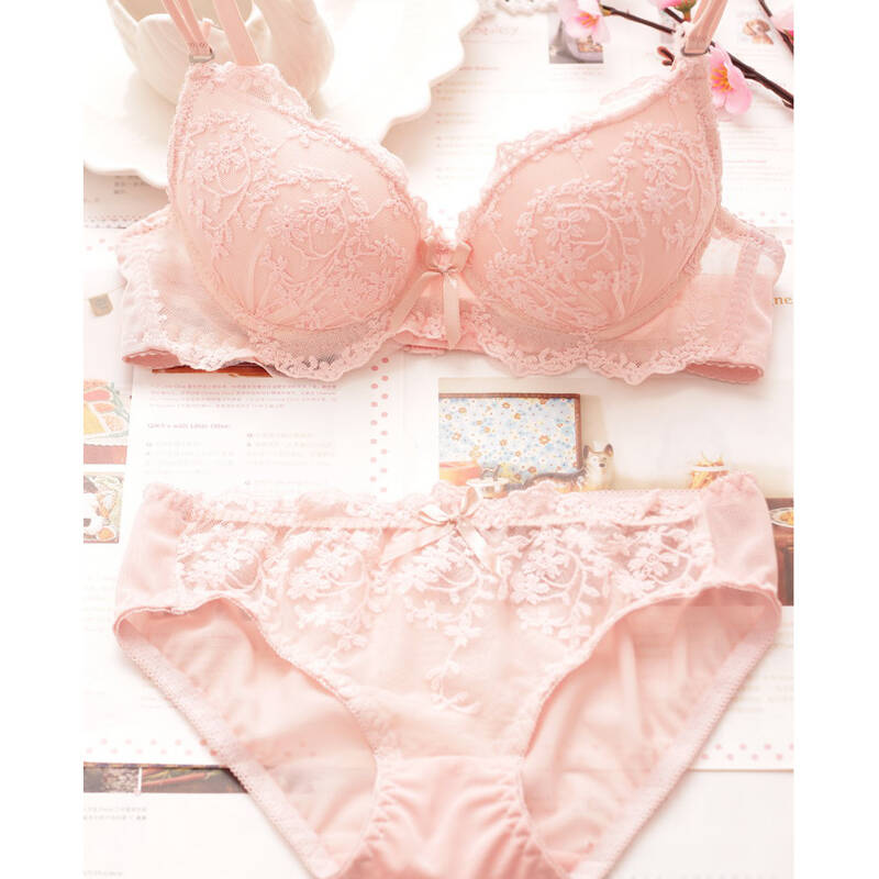 日系甜美蕾丝边聚拢内衣套装少女可爱蝴蝶结花朵文胸套装 粉色