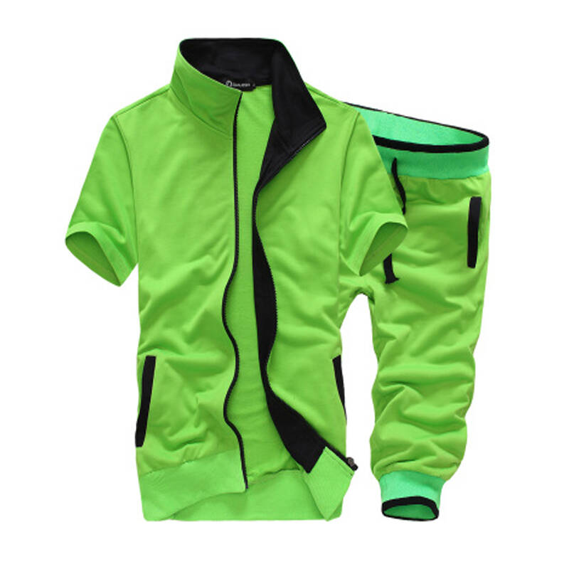 妙度2015夏季新款 男士运动短袖套装休闲服立领开衫时尚套装 绿色 xl