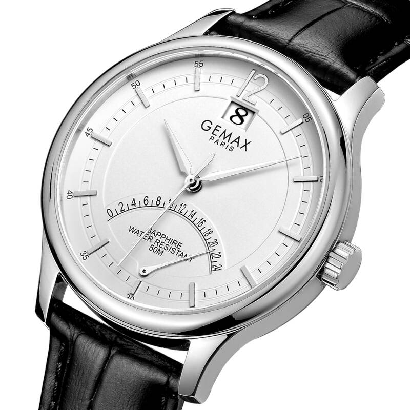 格玛仕(gemax)时尚商务石英表皮带男士手表 单日历双时间显示蓝宝石