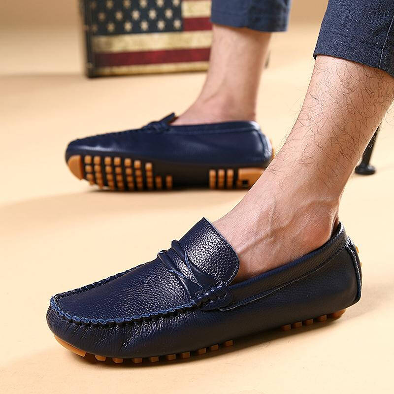 罗兰船长 豆豆鞋男鞋子休闲鞋英伦头层牛皮 蓝色 40