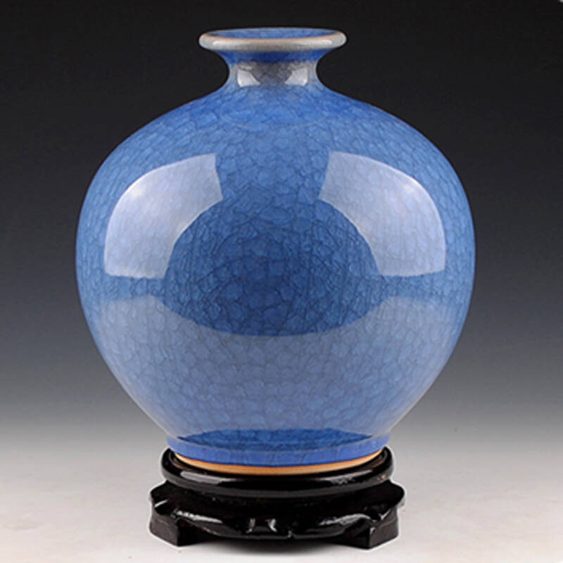 景德镇市陶瓷器冰裂纹陶瓷花瓶现代客厅办公室书房摆件天蓝色花瓶 蓝