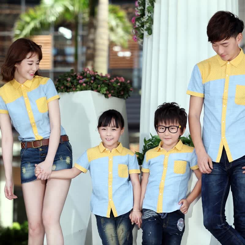 2015亲子装夏装全家装 时尚潮流拼接短袖衬衫一家三口装-v-q4281 如图