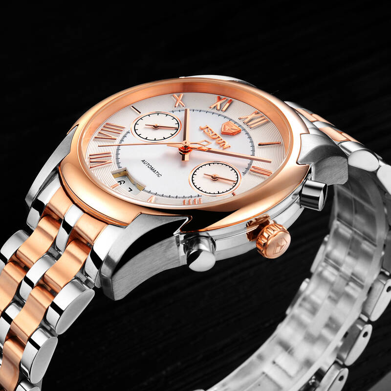 仕盾(jsdun)原装机芯全自动机械表 时尚间金男腕表 钢带防水男士手表