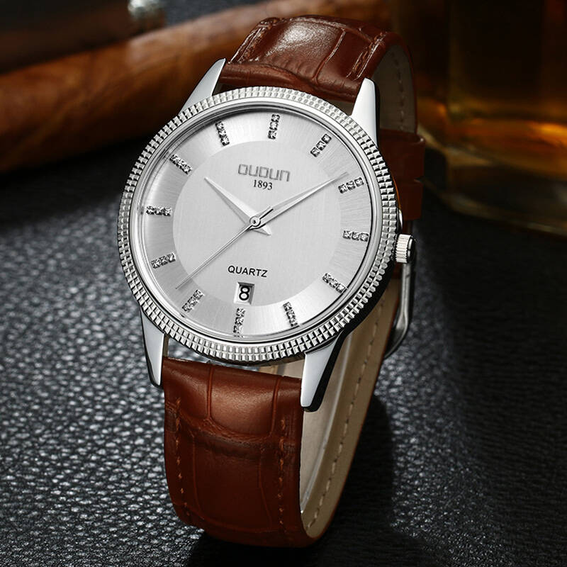 欧顿(oudun)手表简约防水石英男表皮革休闲手表男士表 3073黑盘玫瑰金