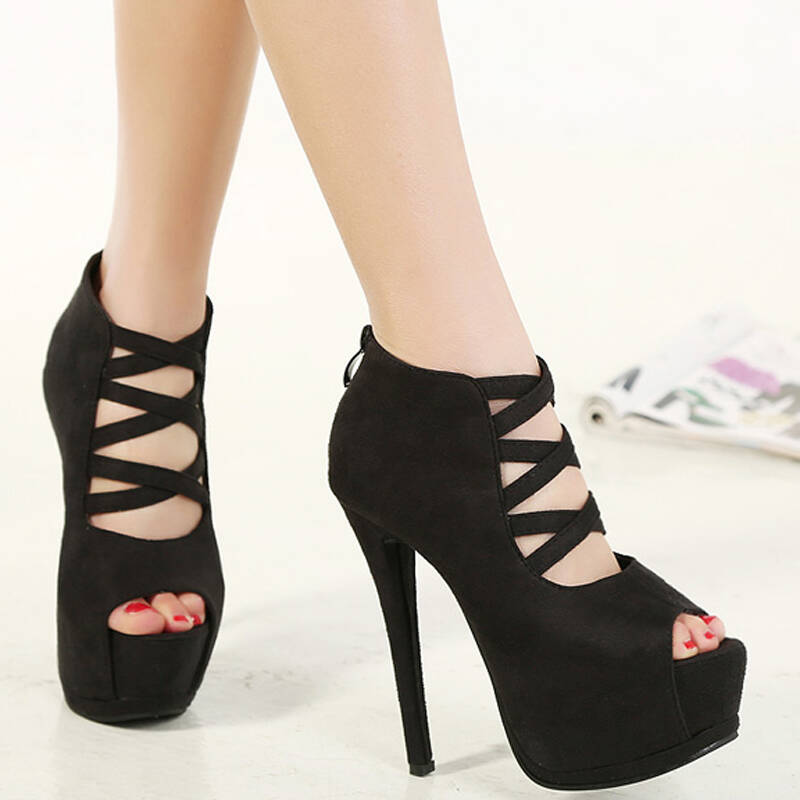 秋季新品绒面深口细跟百搭鱼嘴鞋欧美风交叉绑带镂空超高跟女单鞋