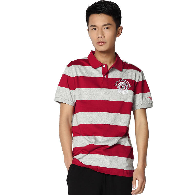 安踏翻领polo衫男装2015夏新款运动短袖t恤条纹t恤针织衫15521112 红