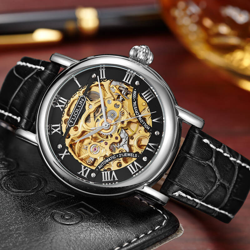 拓狼(tuolun)男士手表 防水男表 自动机械表时尚运动镂空腕表 黑盘