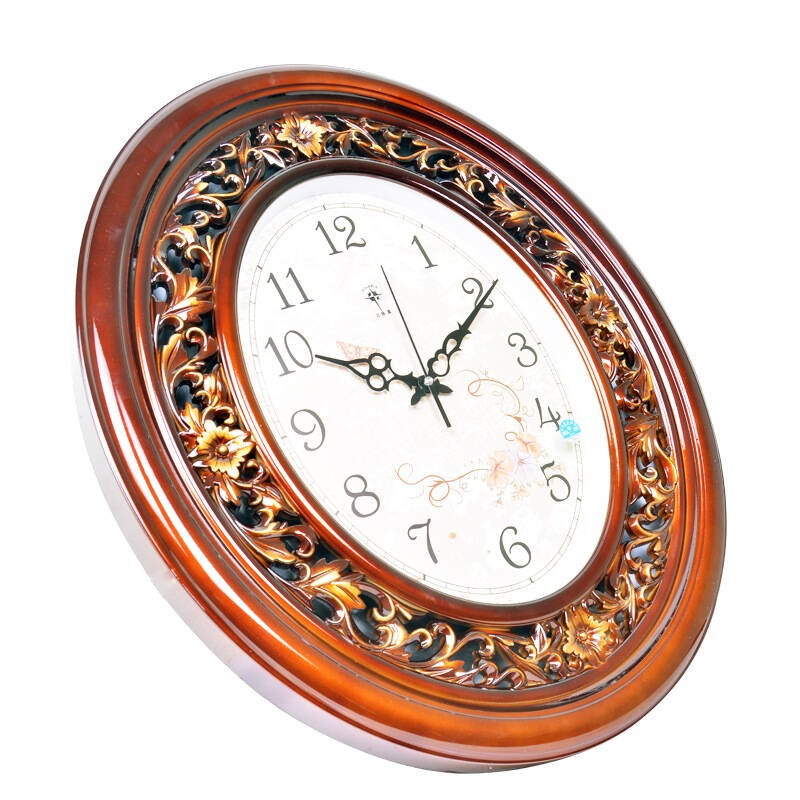 挂钟椭圆形客厅石英钟欧式复古静音石英钟表 2877 红木金色 - 京东