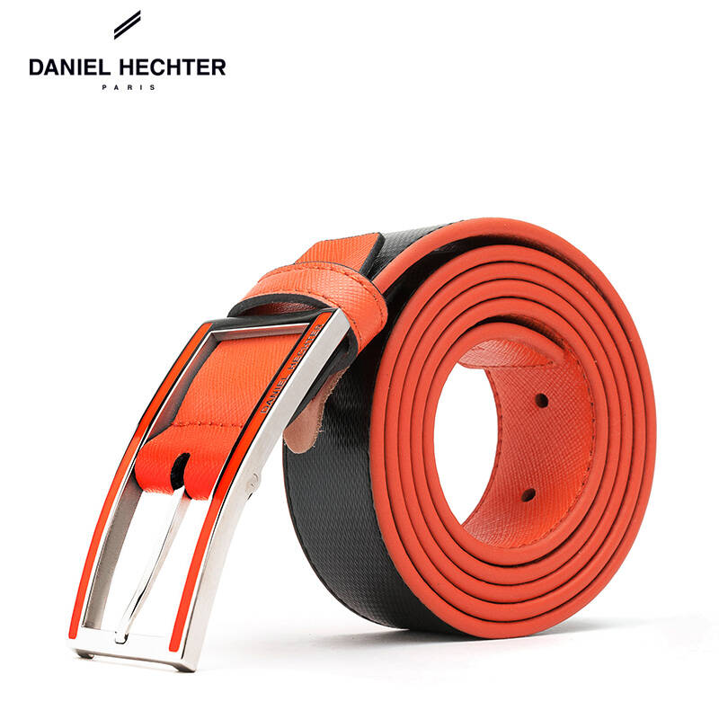 丹尼爱特新款男士编织纹牛皮腰带323111法式经典针扣式皮带 橙色