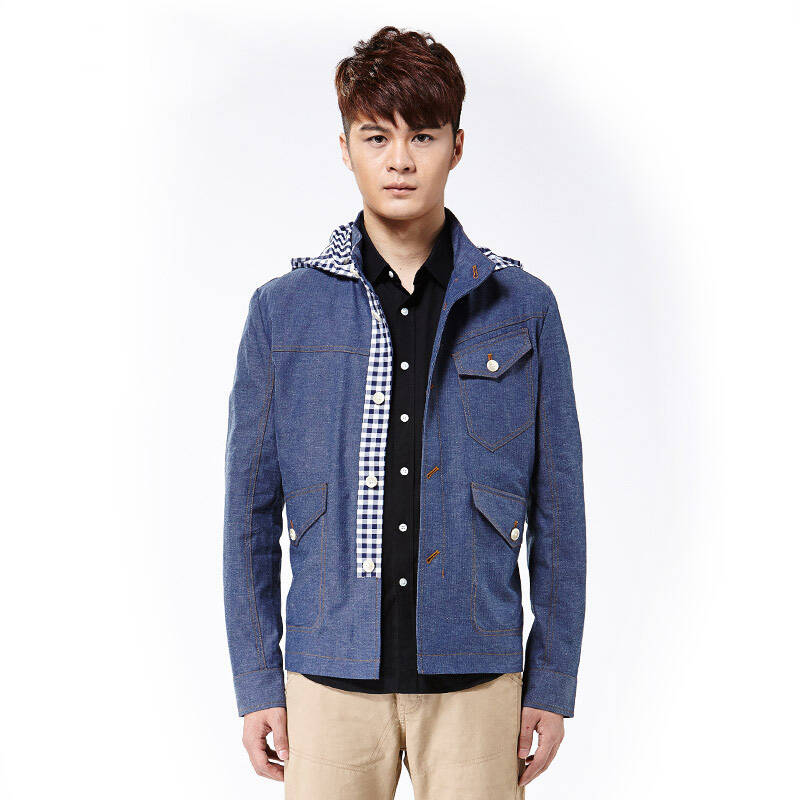 卡宾cabbeen男装春装新品 男士棉麻休闲上衣连帽牛仔外套潮b