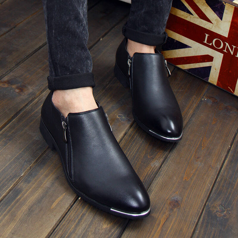 奥曼奴 皮鞋男士商务休闲鞋正装尖头英伦双拉链婚鞋子男款 黑色 39