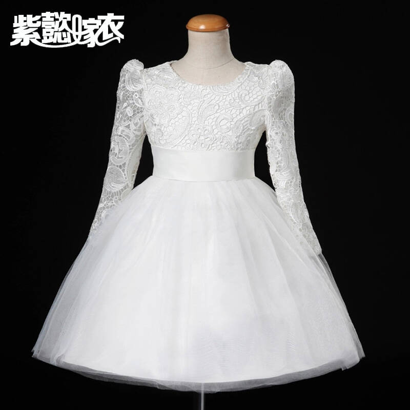 紫懿嫁衣儿童公主裙 女短款中大童装晚礼服长袖蕾丝蓬蓬裙花童婚纱裙