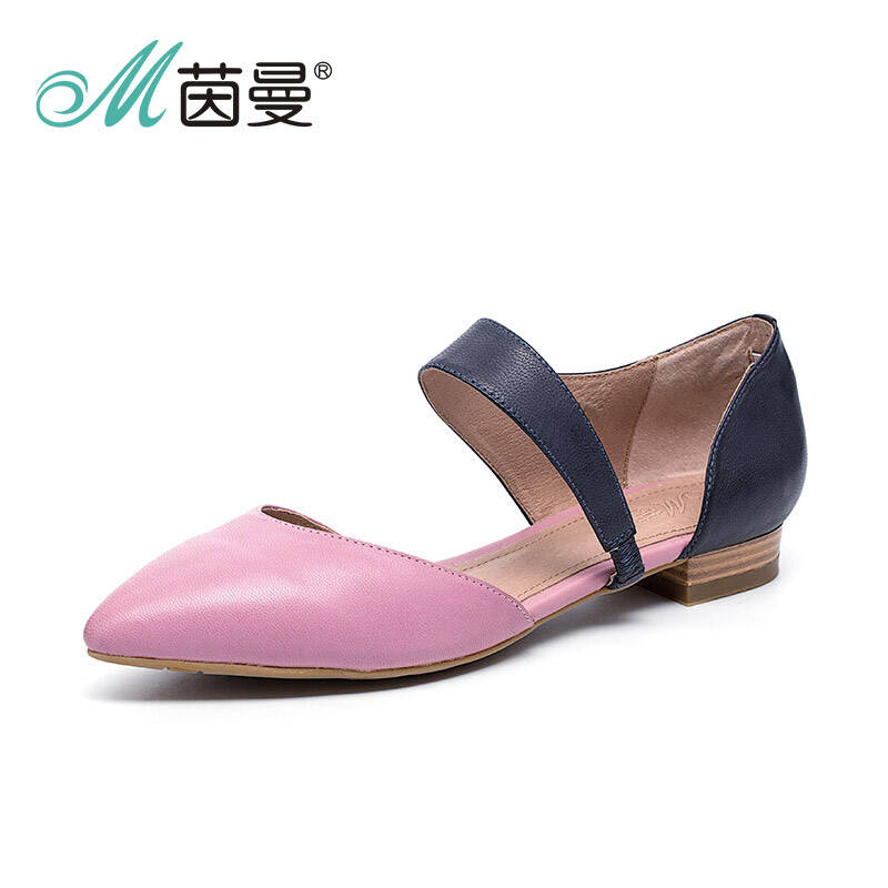 范玮琪代言茵曼女鞋羊皮低跟套脚时尚拼色休闲凉鞋女852180037 粉红色