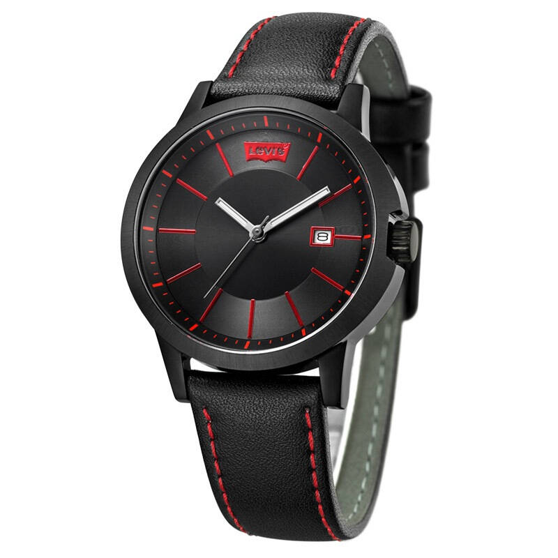 李维斯(levis)手表 休闲潮流黑底红色数字轴真皮石英男表ltj0903