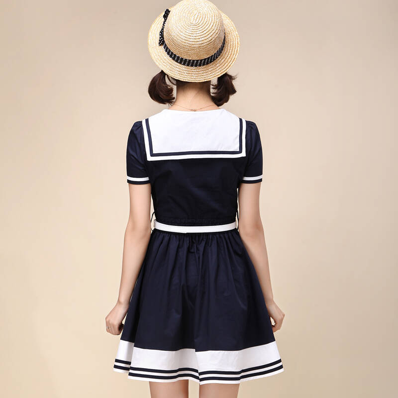 学院2015夏装海军风娃娃领蝴蝶结少女中学生短袖连衣裙水手服 藏青色