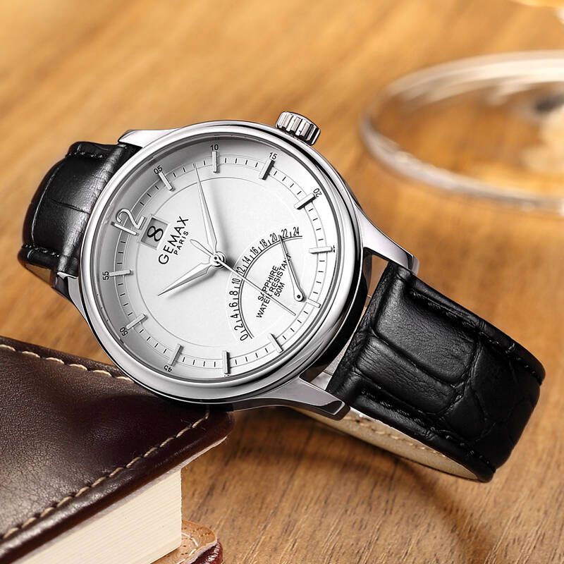 格玛仕(gemax)时尚商务石英表皮带男士手表 单日历双时间显示蓝宝石