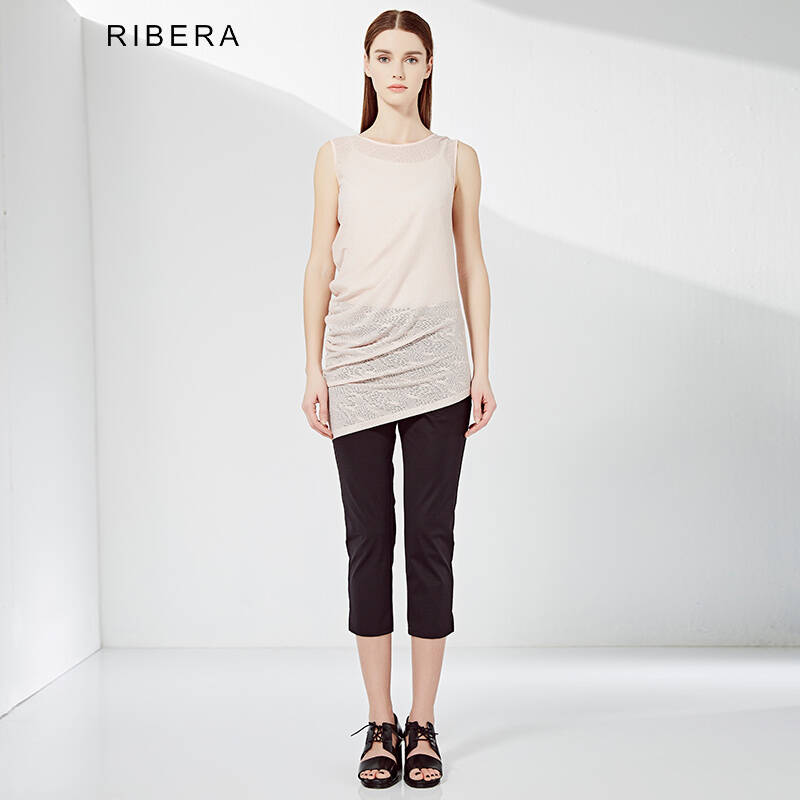 ribera夏装新款2015简约脚扣边七分长裤女6520910095 黑色 s