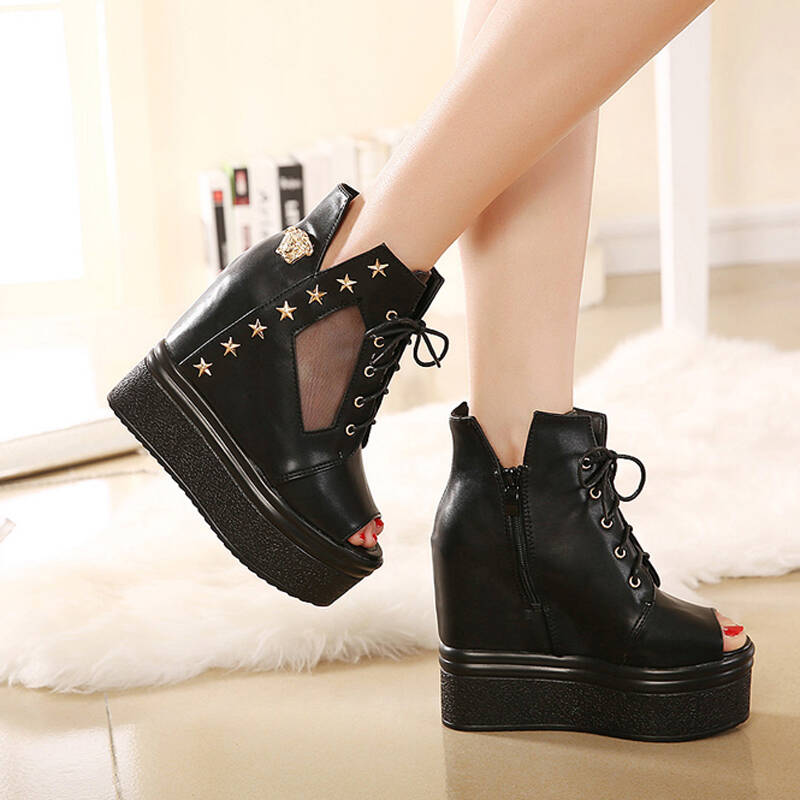 crapemyrtle2015新款女鞋凉鞋坡跟高跟鞋绑带星星点缀时尚女单鞋 黑色