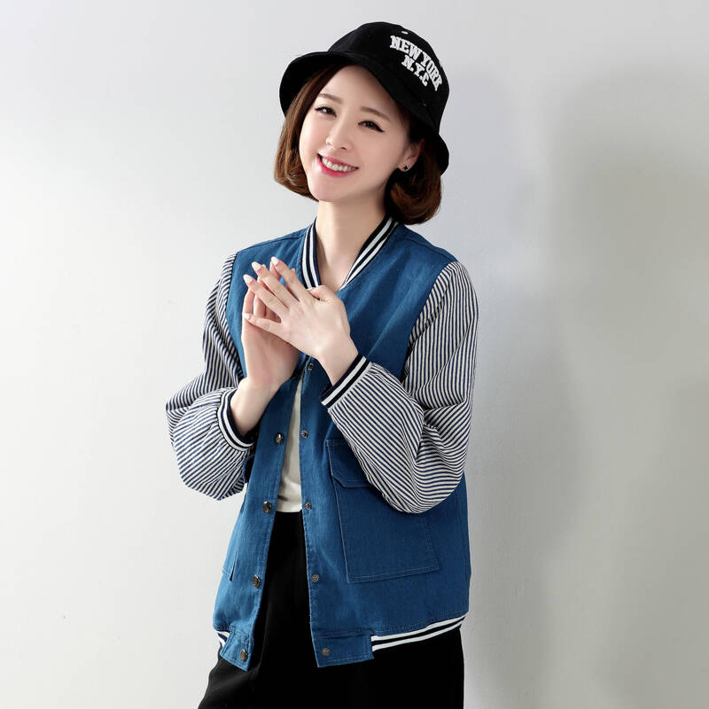 阔色拼接学院风条纹棒球服牛仔开衫外套 条纹牛仔蓝 m