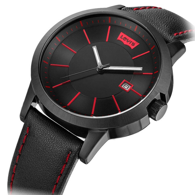 李维斯(levis)手表 休闲潮流黑底红色数字轴真皮石英男表ltj0903