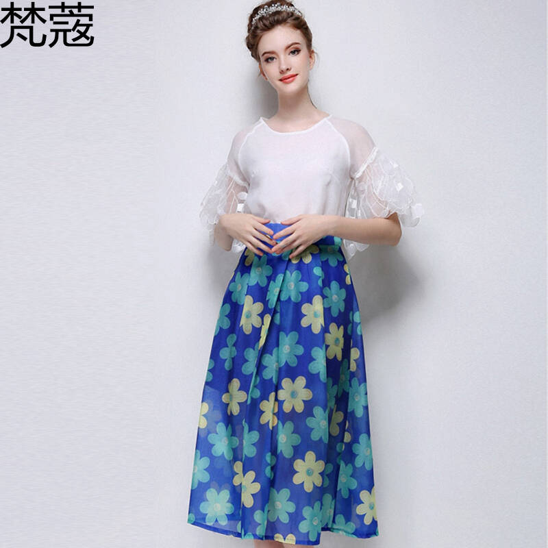 梵蔻欧洲站2015夏季新款时尚大牌气质花朵 半身裙蓬蓬裙 长裙835 蓝色