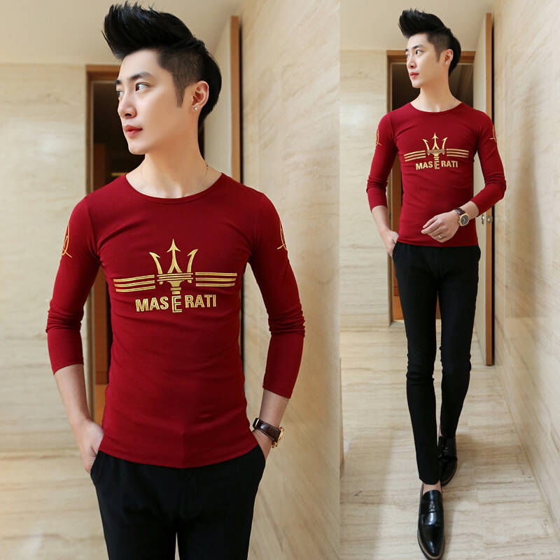 春季新款长袖t恤 男纯棉男士春装新款玛莎拉蒂男式 圆领百搭t恤 红色