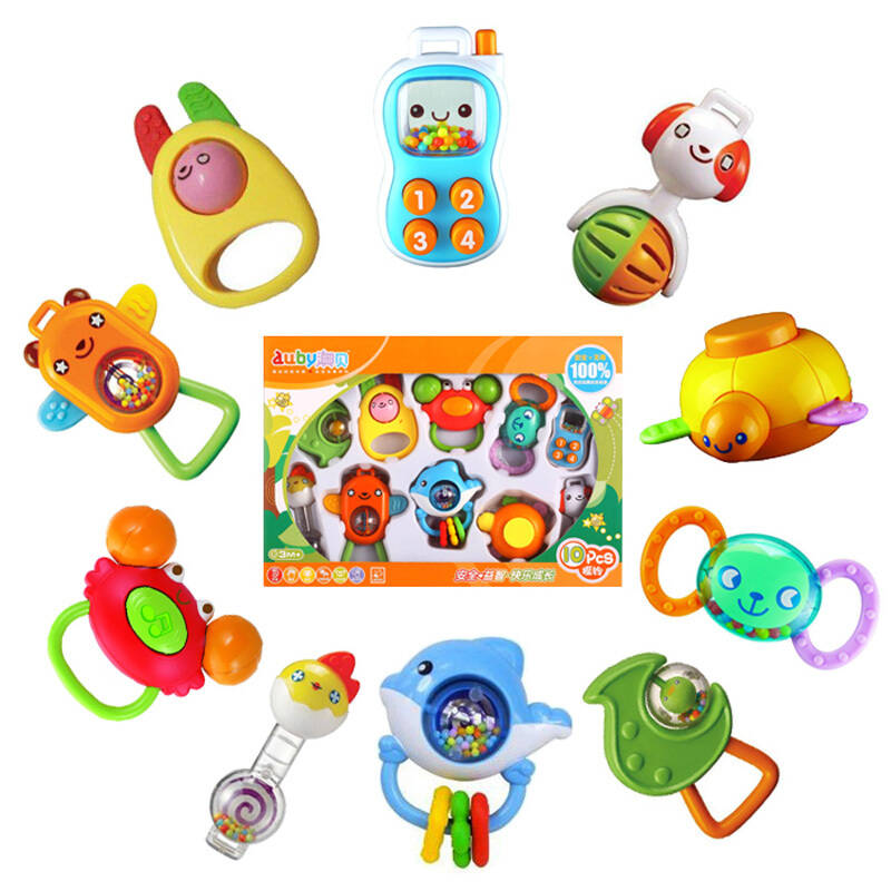 澳贝/奥贝auby 宝宝5只盒装手摇铃牙胶套装 可高温水煮消毒 婴儿玩具0