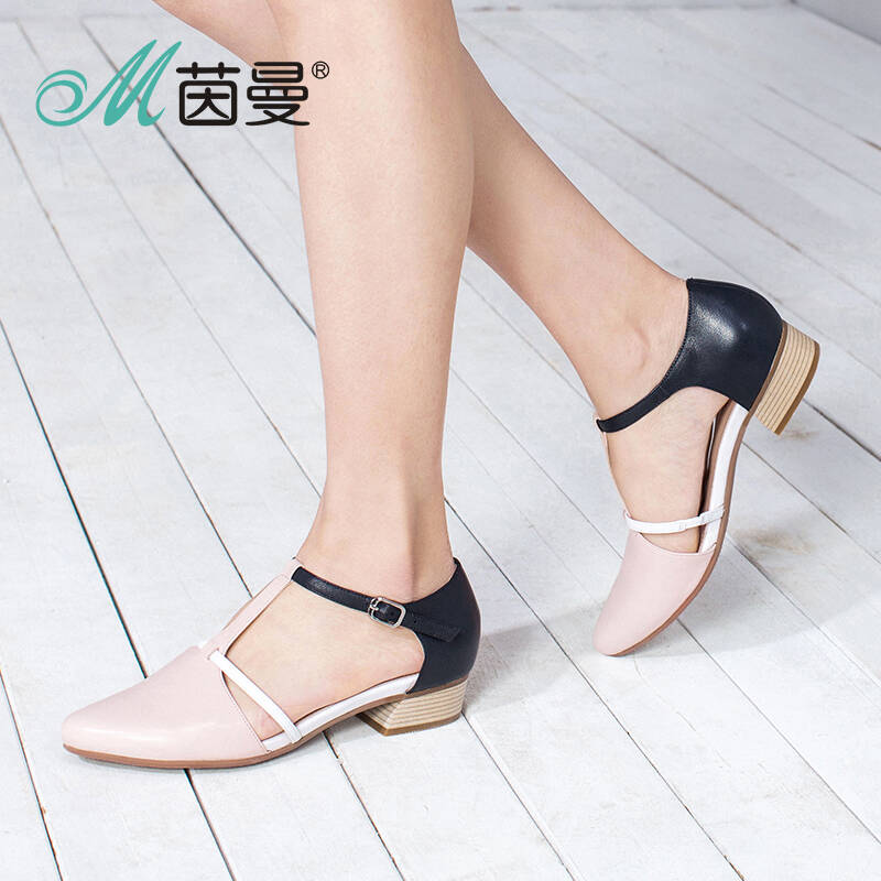 茵曼女鞋 2016夏新品真皮低跟舒适丁字式扣带休闲尖头凉鞋486218079