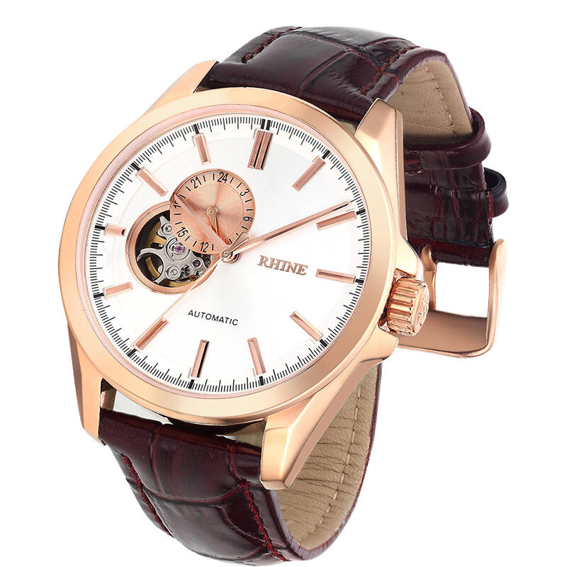 莱茵(rhine)手表 蓝宝石防水全自动镂空机械男表 r89232m白玫皮带