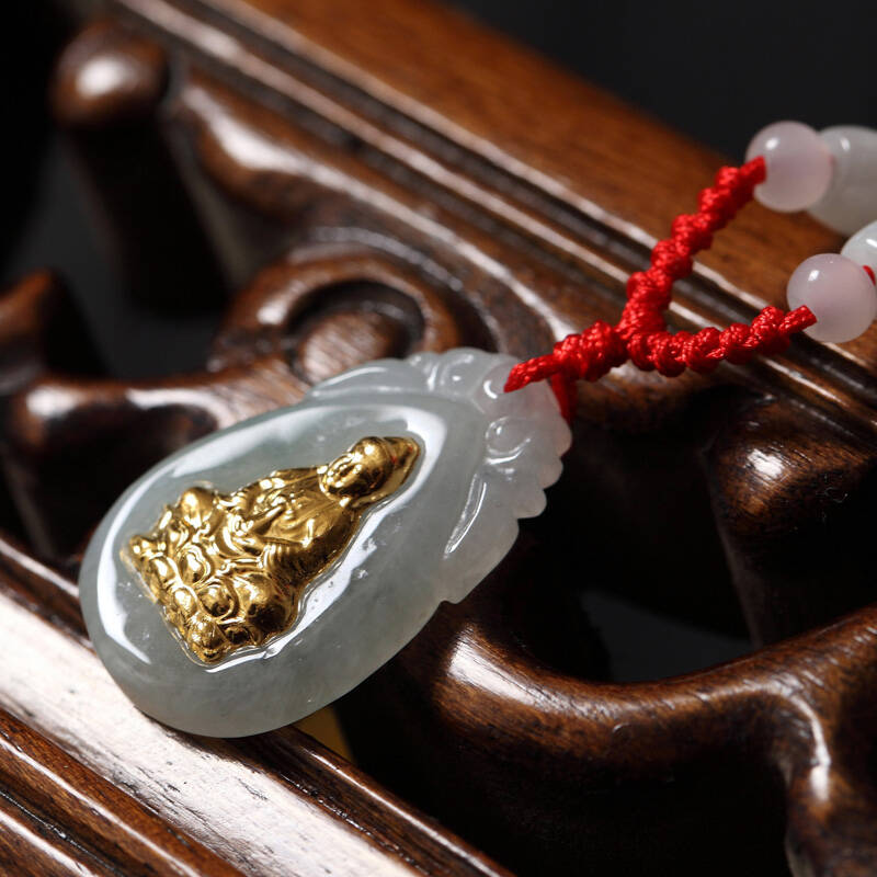 闪购自营 曼丽翠 翡翠观音吊坠金镶玉千足金挂件 玉石吊坠 男女款 附