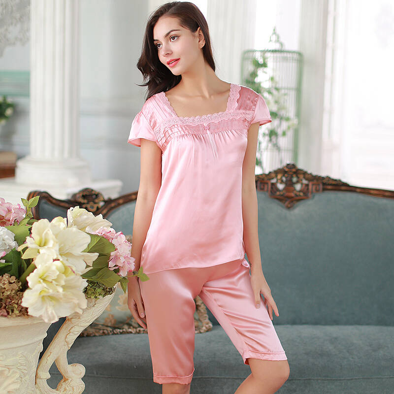 柔新款真丝睡衣女士夏季秋款100%桑蚕丝短袖丝绸家居服两件套装 白色