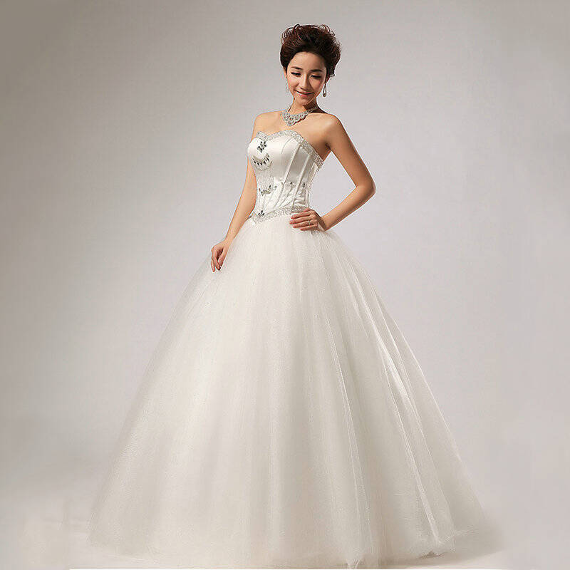 尚尔一抹胸镶钻齐地蓬蓬裙婚纱坠地礼服xs5227 米白色 s