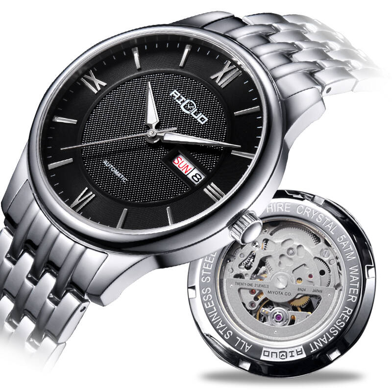 艾诺ailuo男士手表男士机械表 男表 防水夜光英伦风手表 男 精钢黑面