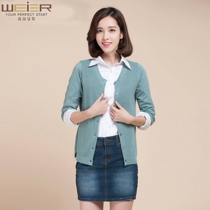 薇尔2015春装新款女装薄款圆领毛衣外套针织衫女 纯色简约短款开衫