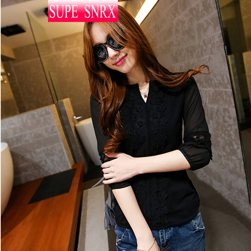 金莎依戴 2015春装新款白色小v领七分袖上衣女装韩版蕾丝拼接雪纺衫