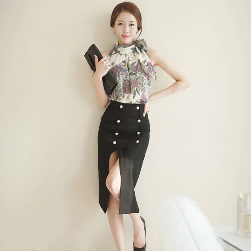 韩语琳空间设计师原创夏装2015性感露肩无袖印花雪纺衫 韩版时尚新款