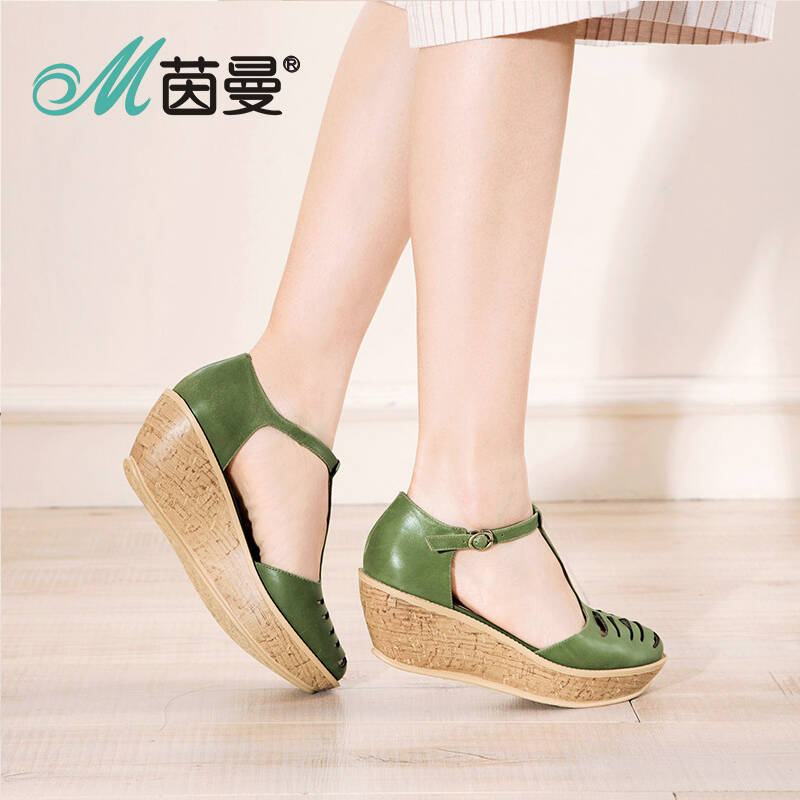 范玮琪代言茵曼女鞋牛皮高跟松糕厚底镂空休闲凉鞋女852180080 绿色
