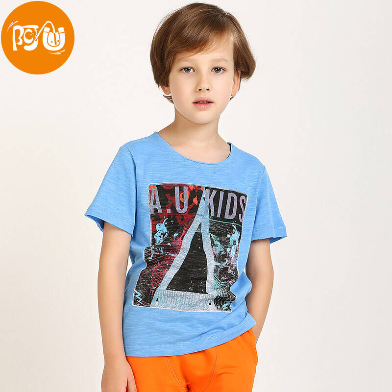 阿u童装 男童夏装上衣 儿童印花休闲纯棉短袖t恤潮b1053 灰蓝色 110