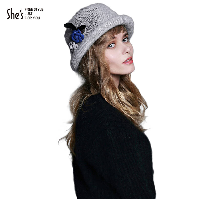 shes茜子秋冬新品 花朵针织兔毛混纺礼帽毛线帽子圆顶盆帽sfh9619256
