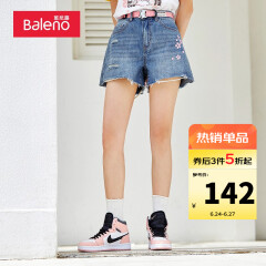 班尼路Baleno牛仔裤女夏季航海王联名樱花牛仔短裤女装运动休闲宽松热裤 001D牛仔蓝 XL