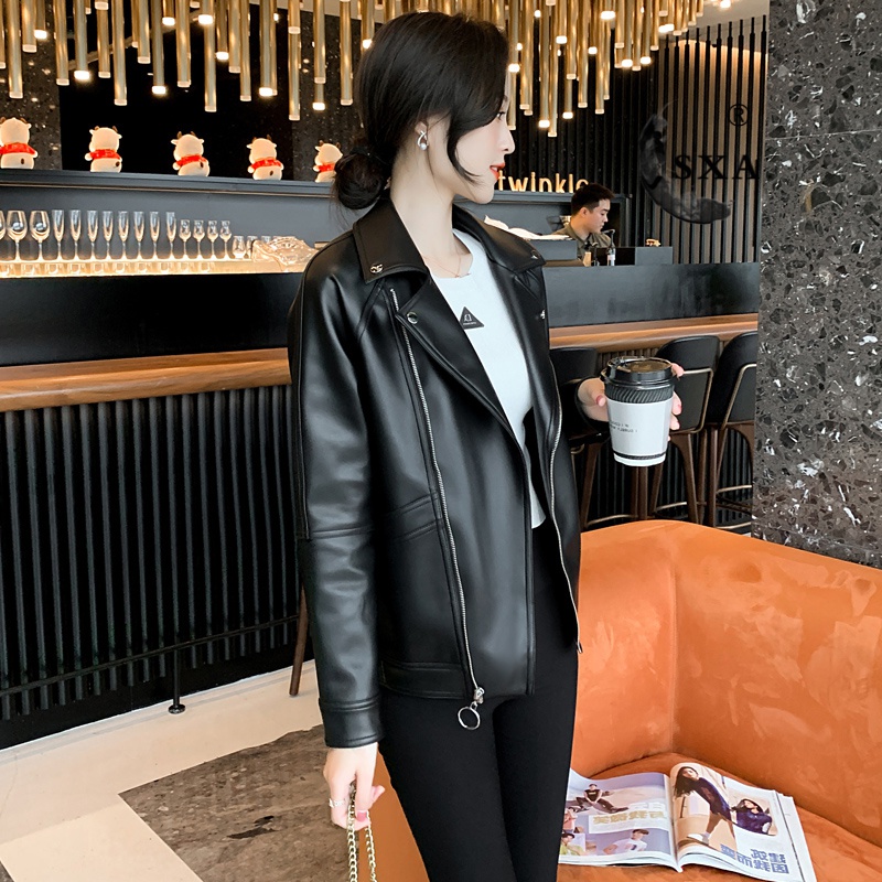 sxa  香港潮牌黑色皮衣外套女 2022年新款春秋小个子机车短款上衣时尚显瘦百搭个性短外套 黑色 M